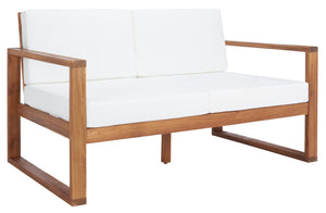 Safavieh EMIKO Outdoor Bench - Modern Comfort for Your Porch or Patio with Plush Cushions and Stylish Design Natural / Beige PAT7302A