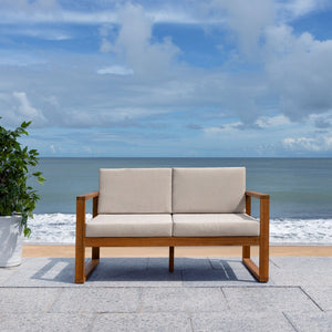 Safavieh EMIKO Outdoor Bench - Modern Comfort for Your Porch or Patio with Plush Cushions and Stylish Design Natural / Light Grey PAT7302E