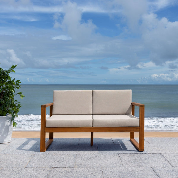 Safavieh EMIKO Outdoor Bench - Modern Comfort for Your Porch or Patio with Plush Cushions and Stylish Design Natural / Light Grey PAT7302E