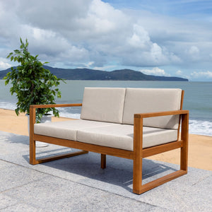 Safavieh EMIKO Outdoor Bench - Modern Comfort for Your Porch or Patio with Plush Cushions and Stylish Design Natural / Light Grey PAT7302E