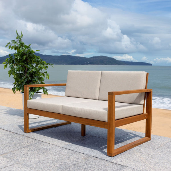 Safavieh EMIKO Outdoor Bench - Modern Comfort for Your Porch or Patio with Plush Cushions and Stylish Design Natural / Light Grey PAT7302E