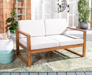 Safavieh EMIKO Outdoor Bench - Modern Comfort for Your Porch or Patio with Plush Cushions and Stylish Design Natural / Light Grey PAT7302E
