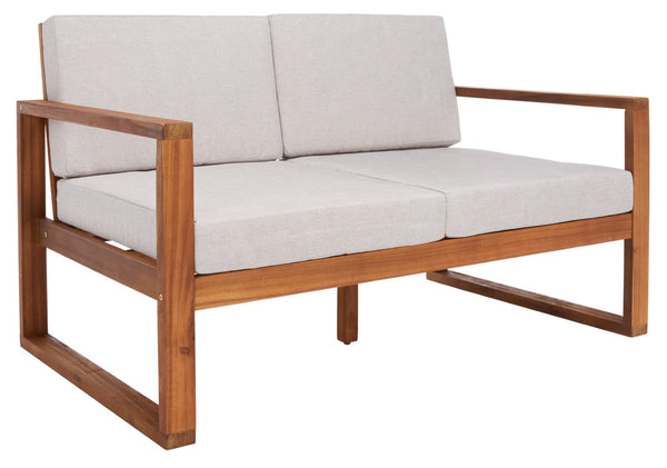Safavieh EMIKO Outdoor Bench - Modern Comfort for Your Porch or Patio with Plush Cushions and Stylish Design Natural / Light Grey PAT7302E
