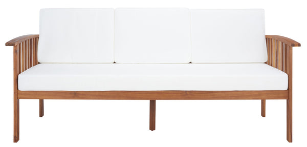 Safavieh FINNICK Outdoor Bench - Timeless 1920s Garden Charm with Plush Cushions for Stylish Comfort & Durability Natural / Beige PAT7303A
