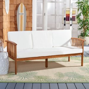 Safavieh FINNICK Outdoor Bench - Timeless 1920s Garden Charm with Plush Cushions for Stylish Comfort & Durability Natural / Beige PAT7303A