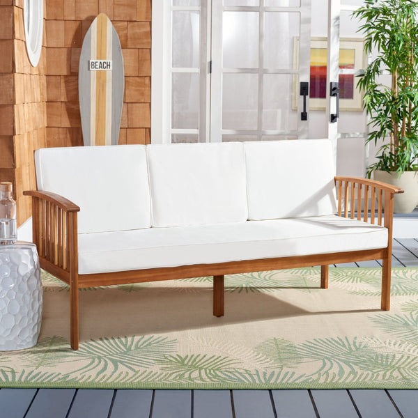 Safavieh FINNICK Outdoor Bench - Timeless 1920s Garden Charm with Plush Cushions for Stylish Comfort & Durability Natural / Beige PAT7303A