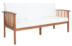 Safavieh FINNICK Outdoor Bench - Timeless 1920s Garden Charm with Plush Cushions for Stylish Comfort & Durability Natural / Beige PAT7303A