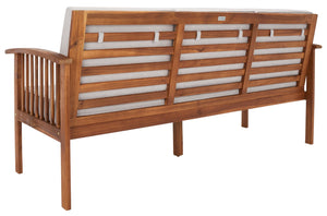 Safavieh FINNICK Outdoor Bench - Timeless 1920s Garden Charm with Plush Cushions for Stylish Comfort & Durability Natural / Light Grey PAT7303E