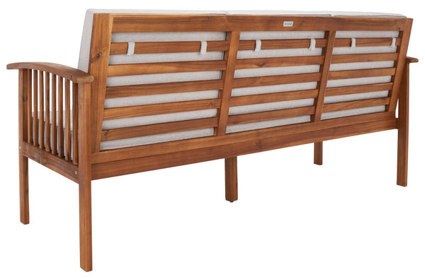 Safavieh FINNICK Outdoor Bench - Timeless 1920s Garden Charm with Plush Cushions for Stylish Comfort & Durability Natural / Light Grey PAT7303E
