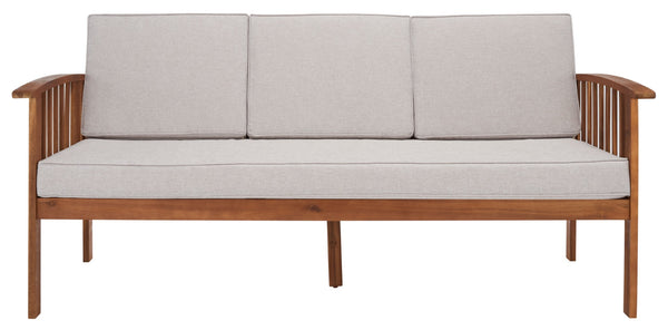 Safavieh FINNICK Outdoor Bench - Timeless 1920s Garden Charm with Plush Cushions for Stylish Comfort & Durability Natural / Light Grey PAT7303E