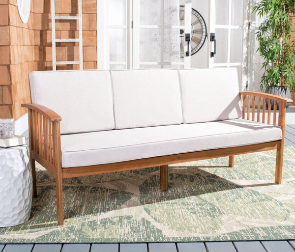 Safavieh FINNICK Outdoor Bench - Timeless 1920s Garden Charm with Plush Cushions for Stylish Comfort & Durability Natural / Light Grey PAT7303E