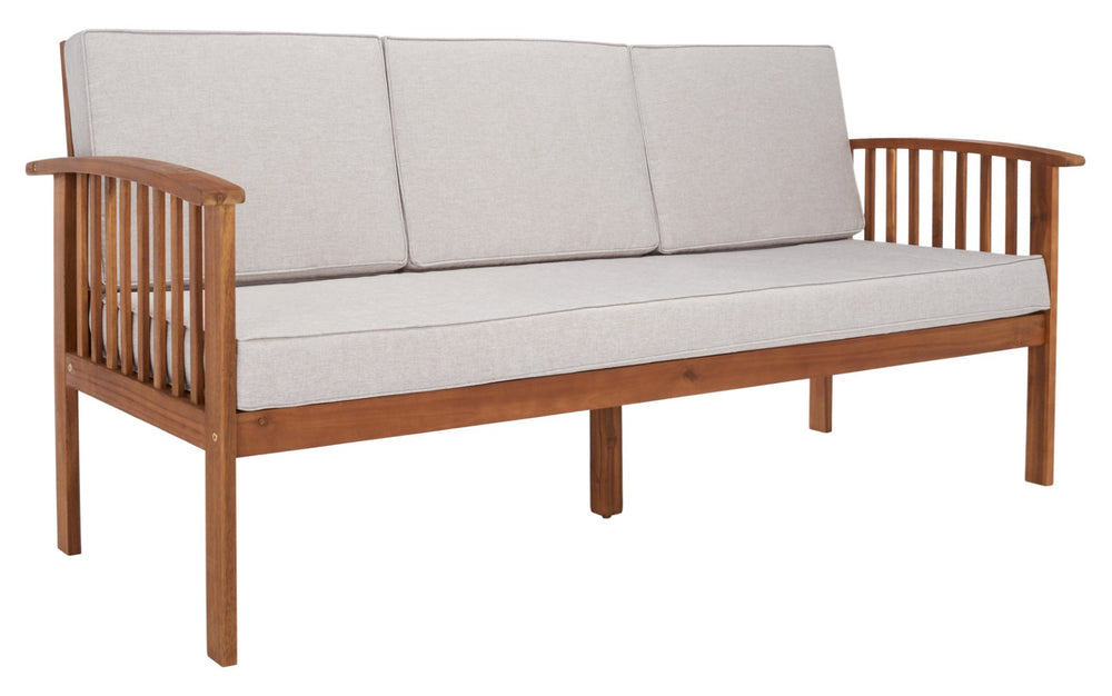 Safavieh FINNICK Outdoor Bench - Timeless 1920s Garden Charm with Plush Cushions for Stylish Comfort & Durability Natural / Light Grey PAT7303E