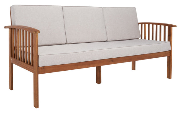 Safavieh FINNICK Outdoor Bench - Timeless 1920s Garden Charm with Plush Cushions for Stylish Comfort & Durability Natural / Light Grey PAT7303E