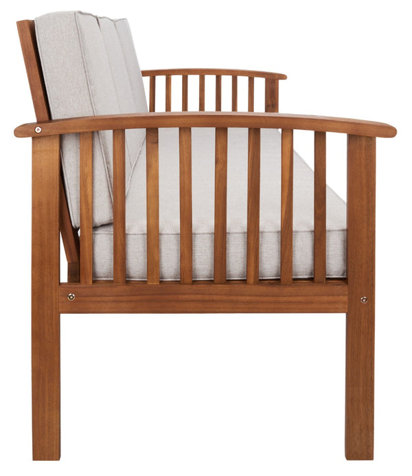 Safavieh FINNICK Outdoor Bench - Timeless 1920s Garden Charm with Plush Cushions for Stylish Comfort & Durability Natural / Light Grey PAT7303E