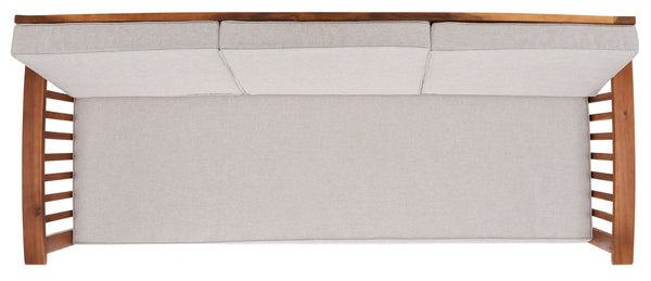 Safavieh FINNICK Outdoor Bench - Timeless 1920s Garden Charm with Plush Cushions for Stylish Comfort & Durability Natural / Light Grey PAT7303E