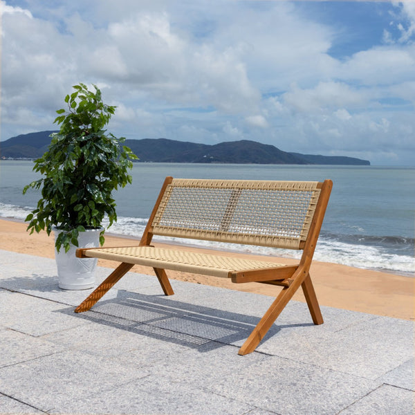 Safavieh KOBINA Outdoor Bench - Modern Sculpted Design with Durable Folding Frame for Stylish Patio Seating Natural / Natural PAT7304A
