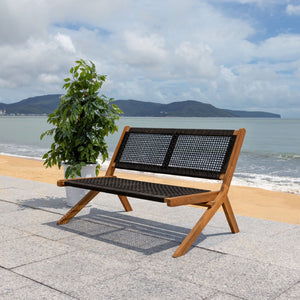 Safavieh KOBINA Outdoor Bench - Modern Sculpted Design with Durable Folding Frame for Stylish Patio Seating Natural / Black PAT7304E