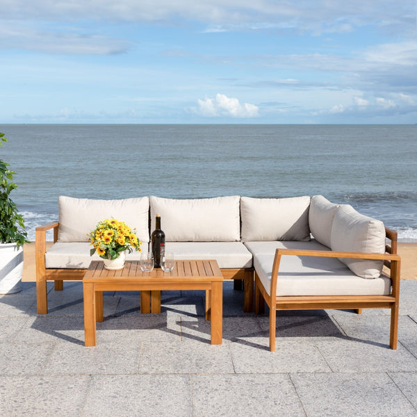Safavieh Endelia Outdoor Living Set XII23 Natural Wood/Light Grey Cushion Galvanized Steel PAT7309E-2BX