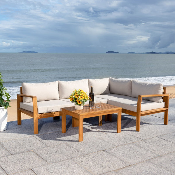 Safavieh Endelia Outdoor Living Set XII23 Natural Wood/Light Grey Cushion Galvanized Steel PAT7309E-2BX