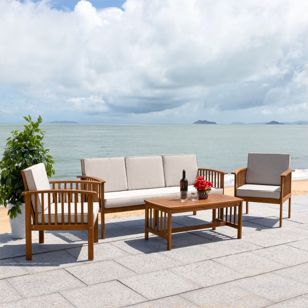 Safavieh Finnick 4 Piece Living Set XII23 Natural Wood/Light Grey Cushion Galvanized Steel PAT7313E-2BX