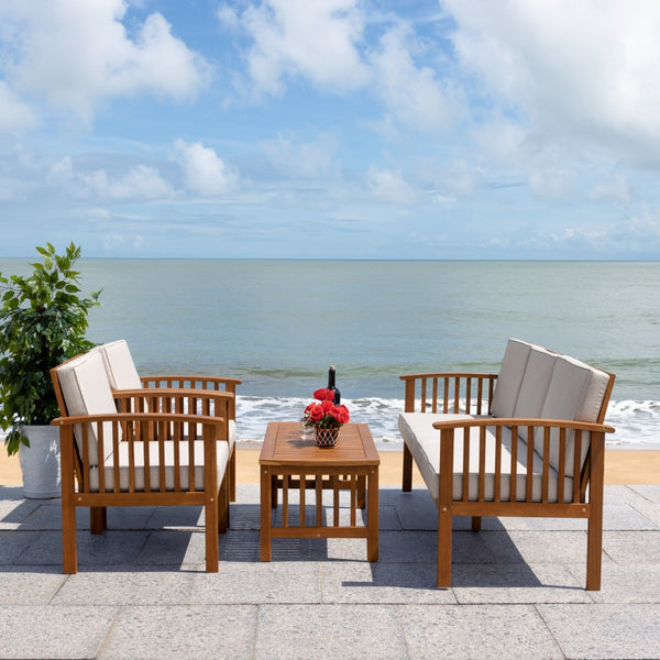 Safavieh Finnick 4 Piece Living Set XII23 Natural Wood/Light Grey Cushion Galvanized Steel PAT7313E-2BX