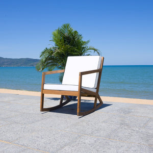 Safavieh VERNON Rocking Chair - Handcrafted Comfort with Durable Acacia Wood & Elegant Black Piping Design Natural / Beige PAT7315A