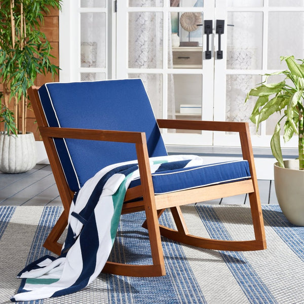 Safavieh VERNON Rocking Chair - Handcrafted Comfort with Durable Acacia Wood & Elegant Black Piping Design Natural / Navy PAT7315B