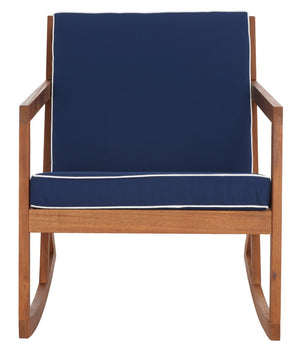 Safavieh VERNON Rocking Chair - Handcrafted Comfort with Durable Acacia Wood & Elegant Black Piping Design Natural / Navy PAT7315B