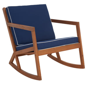 Safavieh VERNON Rocking Chair - Handcrafted Comfort with Durable Acacia Wood & Elegant Black Piping Design Natural / Navy PAT7315B