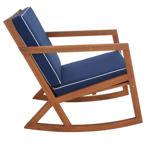 Safavieh VERNON Rocking Chair - Handcrafted Comfort with Durable Acacia Wood & Elegant Black Piping Design Natural / Navy PAT7315B
