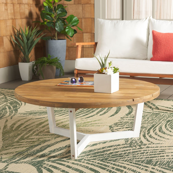 Safavieh LEO Round Coffee Table - Stylish Acacia Wood Top with Black Legs for Modern Outdoor Living Spaces Natural / White PAT7319A