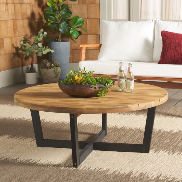 Safavieh LEO Round Coffee Table - Stylish Acacia Wood Top with Black Legs for Outdoor Gatherings and Relaxation Natural / Black PAT7320B