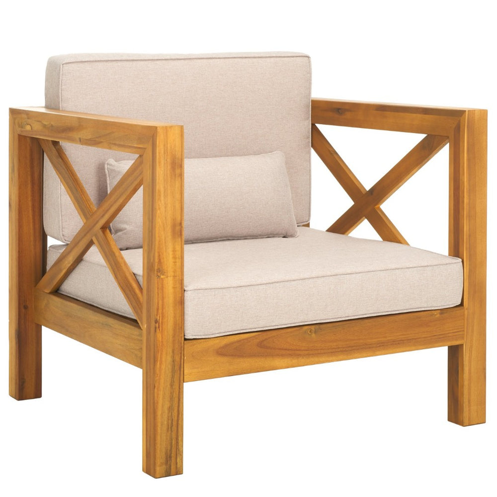 Safavieh CREWE Outdoor Arm Chair – Natural Acacia Wood with Plush Light Grey Cushions for Stylish Comfort PAT7323E