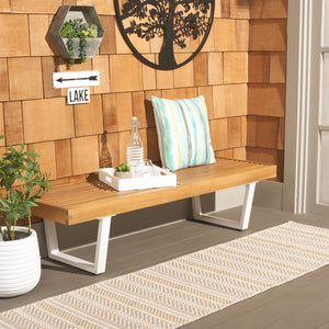 Safavieh Heather 60" Outdoor Bench - Stylish Acacia Wood & Sturdy Steel For Elegant Patio Living Spaces Natural ,White Steel Pat7326a