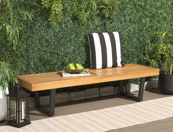 Safavieh Heather 60" Outdoor Bench - Stylish Acacia Wood & Sturdy Steel For Elegant Patio Living Spaces Natural ,Black Steel Pat7326b