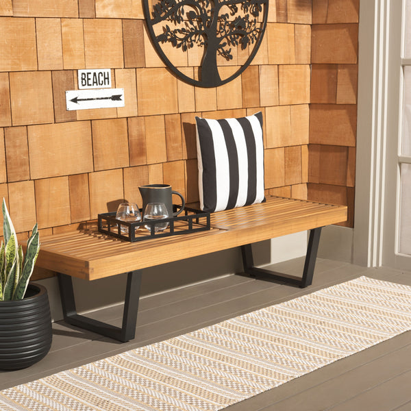 Safavieh Heather 60" Outdoor Bench - Stylish Acacia Wood & Sturdy Steel For Elegant Patio Living Spaces Natural ,Black Steel Pat7326b