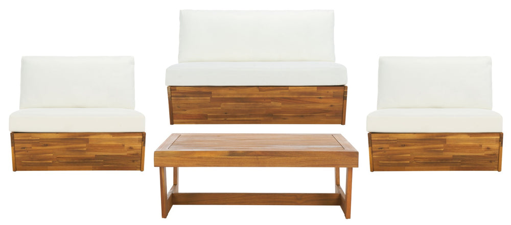 Safavieh LYNN Outdoor Lounge Chair Set of 2 – Elegant Acacia Wood with Plush Weather-Resistant Cushions Natural / Beige PAT7328A-SET2