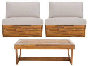 Safavieh LYNN Outdoor Lounge Chair Set of 2 – Elegant Acacia Wood with Plush Weather-Resistant Cushions Natural / Light Grey PAT7328B-SET2
