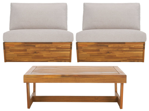 Safavieh LYNN Outdoor Lounge Chair Set of 2 – Elegant Acacia Wood with Plush Weather-Resistant Cushions Natural / Light Grey PAT7328B-SET2