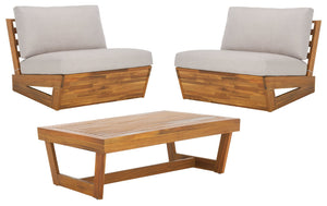Safavieh LYNN Outdoor Lounge Chair Set of 2 – Elegant Acacia Wood with Plush Weather-Resistant Cushions Natural / Light Grey PAT7328B-SET2