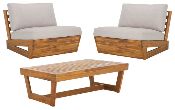 Safavieh LYNN Outdoor Lounge Chair Set of 2 – Elegant Acacia Wood with Plush Weather-Resistant Cushions Natural / Light Grey PAT7328B-SET2