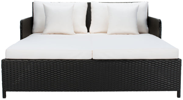 Safavieh CADEO Outdoor Daybed – Luxurious Wicker Frame with Plush Cushions for Relaxing Poolside Retreat Black / Beige PAT7500A