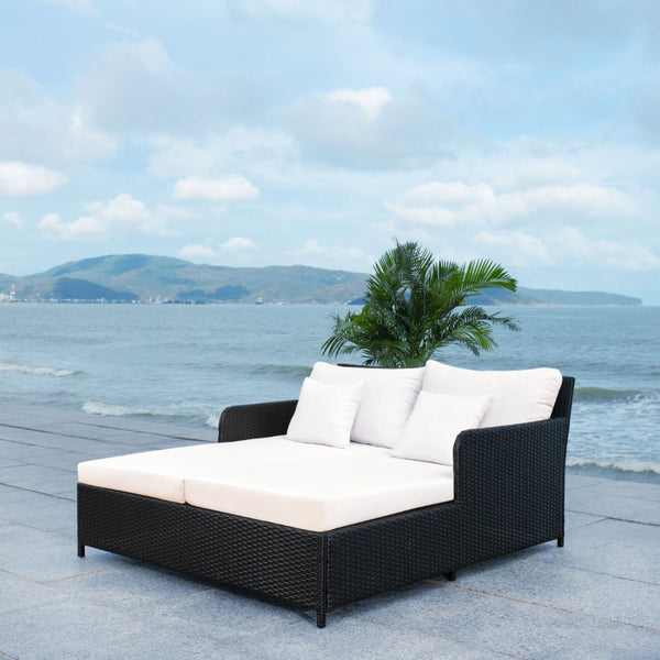 Safavieh CADEO Outdoor Daybed – Luxurious Wicker Frame with Plush Cushions for Relaxing Poolside Retreat Black / Beige PAT7500A