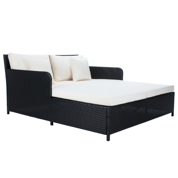 Safavieh CADEO Outdoor Daybed – Luxurious Wicker Frame with Plush Cushions for Relaxing Poolside Retreat Black / Beige PAT7500A