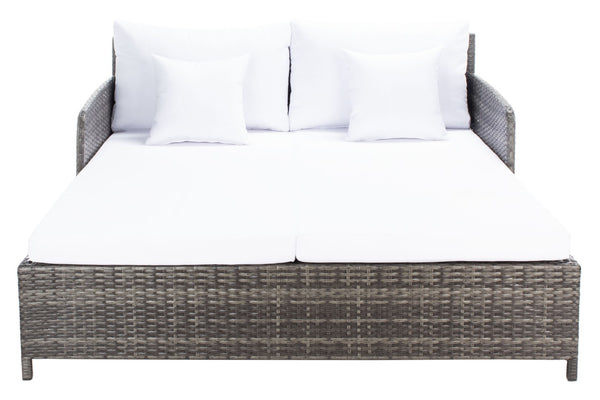 Safavieh CADEO Outdoor Daybed – Luxurious Wicker Frame with Plush Cushions for Relaxing Poolside Retreat Grey Brown / White PAT7500C