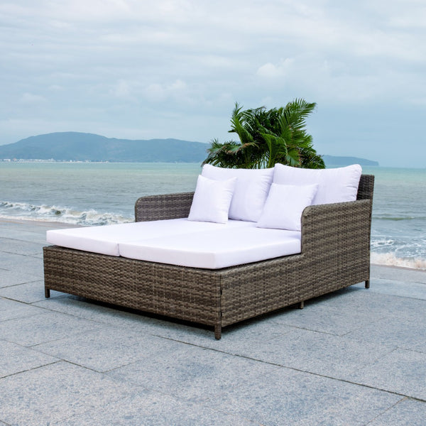 Safavieh CADEO Outdoor Daybed – Luxurious Wicker Frame with Plush Cushions for Relaxing Poolside Retreat Grey Brown / White PAT7500C