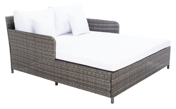 Safavieh CADEO Outdoor Daybed – Luxurious Wicker Frame with Plush Cushions for Relaxing Poolside Retreat Grey Brown / White PAT7500C