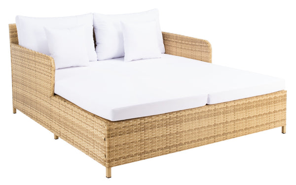 Safavieh CADEO Outdoor Daybed – Luxurious Wicker Frame with Plush Cushions for Relaxing Poolside Retreat Natural / White PAT7500D