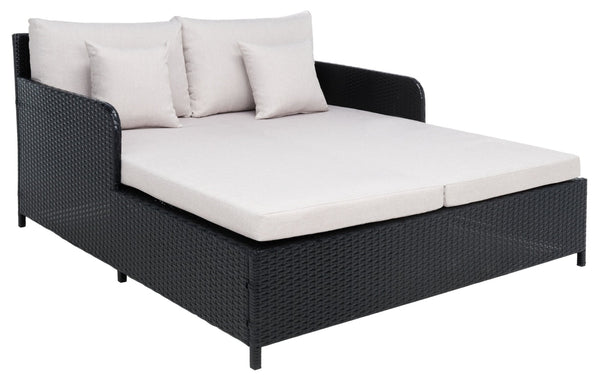 Safavieh CADEO Outdoor Daybed – Luxurious Wicker Frame with Plush Cushions for Relaxing Poolside Retreat Black / Light Grey PAT7500E