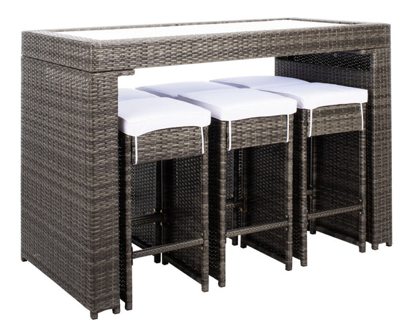 Safavieh HORUS 5PC Outdoor Dining Set with Plush Cushions for Stylish Gatherings and Weather-Resistant Comfort Grey Brown / White PAT7502C